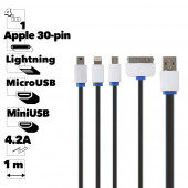 USB кабель "LP" 4 в 1 для подзарядки для Apple 8-pin, 30-pin, MicroUSB, Mini USB плоский (черный, белый, синий)