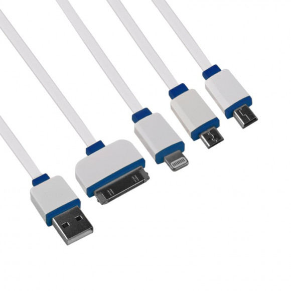 USB кабель "LP" 4 в 1 для подзарядки для Apple 8-pin/30-pin/MicroUSB/Mini USB плоский (белый, синий)