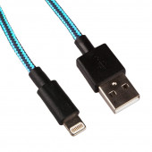 USB кабель "LP" для Apple iPhone, iPad Lightning 8-pin в оплетке (голубой/черный/коробка)