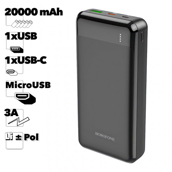 Внешний АКБ Borofone BJ19A Incredible 20000mAh, 1хUSB QC3.0, PD 20W, 3А, Li-pol (черный)