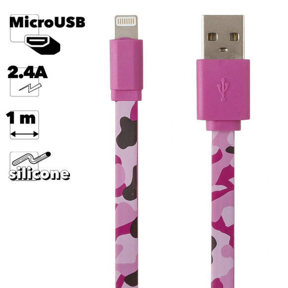 USB Дата-кабель Cable MicroUSB плоский мягкий силикон, 1 метр, розовый