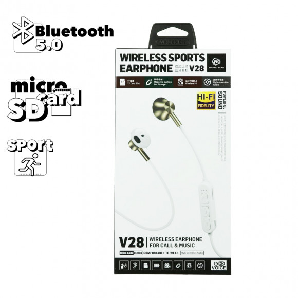 Bluetooth гарнитура WK V28 Bluethooth Earphone TF Card стерео вставная спорт, белая