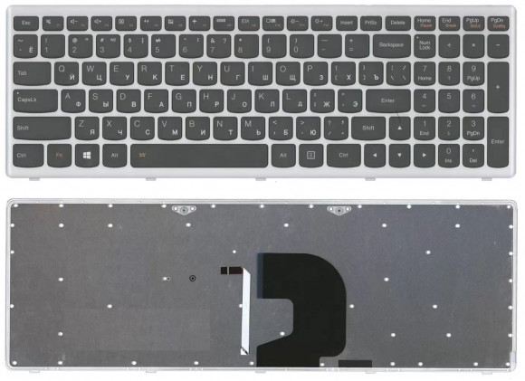 Клавиатура для ноутбука Lenovo IdeaPad Z500, черная с серой рамкой, с подсветкой