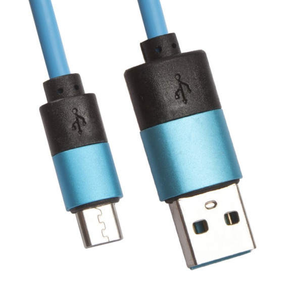 USB кабель "LP" MicroUSB круглый soft touch металлические разъемы (голубой, европакет)