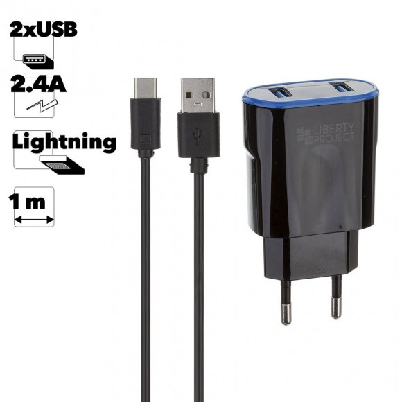 Сетевое зарядное устройство "LP" с двумя выходами USB 2.4A + кабель USB Type-C Classic Plus (черный, коробка)