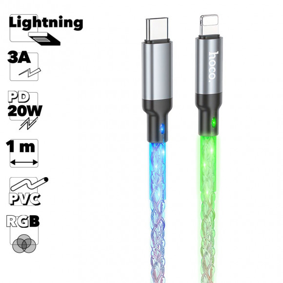 USB-C кабель HOCO U112 Shine Lightning 8-pin, 3А, PD20W, 1м, TPE, LED (прозрачный)