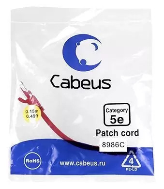 Патч-корд U/UTP Cabeus PC-UTP-RJ45-Cat.5e-0.15m-RD