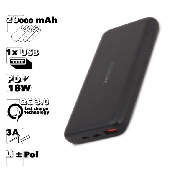 Внешний АКБ WK Runsh WP-105 10000 mAh, 1xUSB, QC3.0, 3А, PD, 18W, Li-Pol (черный)