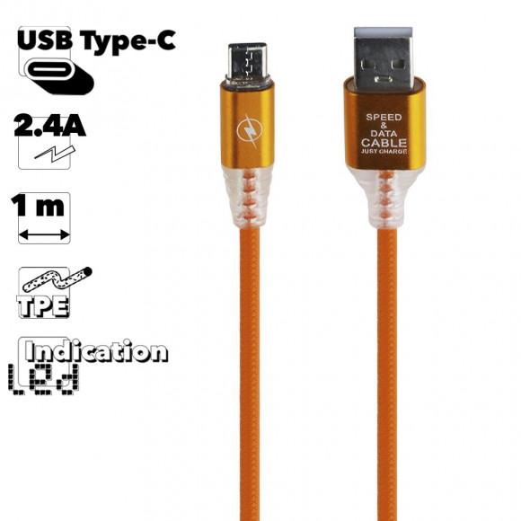USB кабель "LP" Type-C Змея LED TPE (оранжевый, блистер)