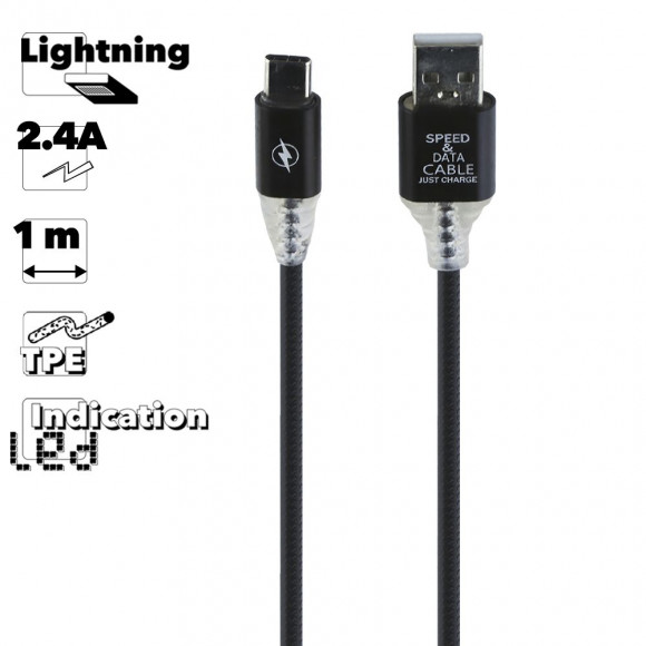 USB кабель "LP" для Apple 8-pin Змея LED TPE (черный, блистер)