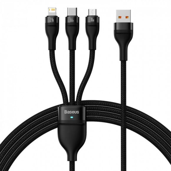 Кабель USB BASEUS Flash Series II 3 в 1, Micro-USB, Type-C, Lightning, 6.0A, длина 1.2 м, черный