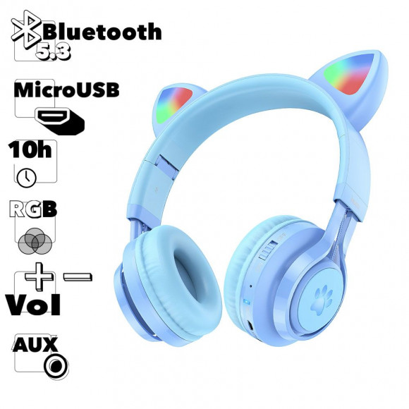 Bluetooth гарнитура HOCO W39 Cat Ear Kids BT5.3, AUX/MicroUSB, накладная, LED, "ушки" (синий)