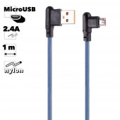 USB кабель "LP" MicroUSB Г-коннектор оплетка леска (синий, блистер)