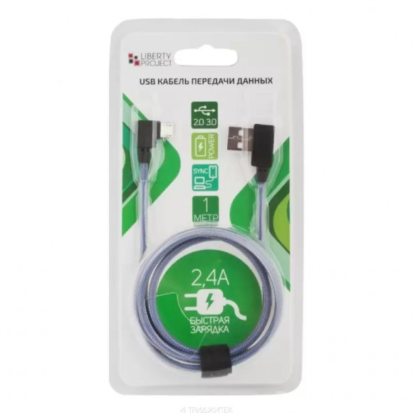 USB кабель "LP" MicroUSB Г-коннектор оплетка леска (синий, блистер)
