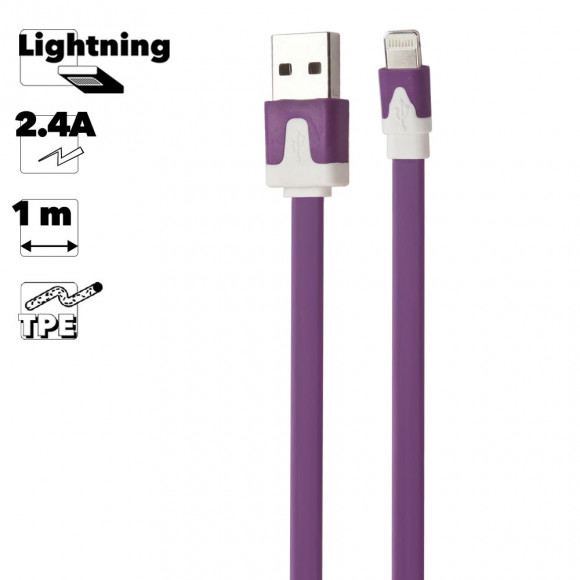 USB кабель "LP" для Apple iPhone, iPad 8-pin плоский узкий (сиреневый, коробка)
