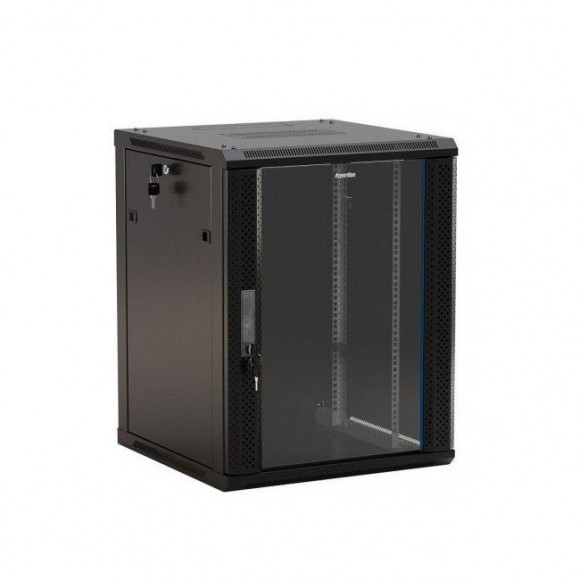 TWB-1266-GP-RAL9004 Шкаф настенный 19-дюймовый (19"), 12U, 650x600х600мм, стеклянная дверь с перфорацией по бокам, ручка с замком, цвет черный (RAL 90