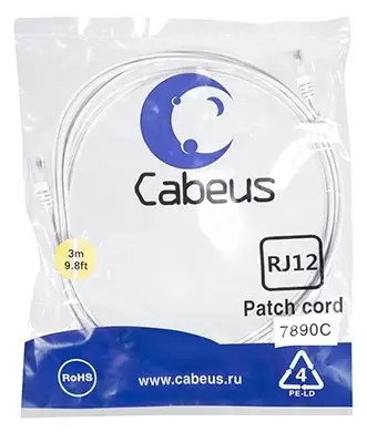 Патч-корд 6p4c телефонный, 3 м, белый Cabeus PC-TEL-RJ12-3m