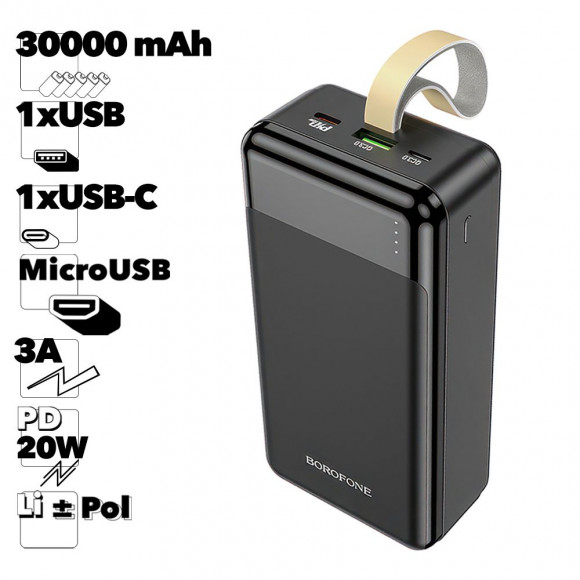 Внешний АКБ BOROFONE BJ19B Incredible 30000mAh, 1хUSB QC3.0, PD20W, 3А, Li-Pol (черный)