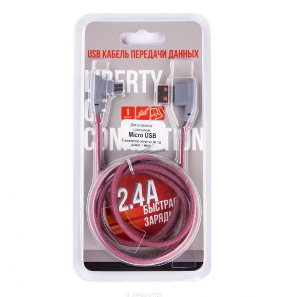 USB кабель "LP" MicroUSB Г-коннектор оплетка леска (красный, блистер)