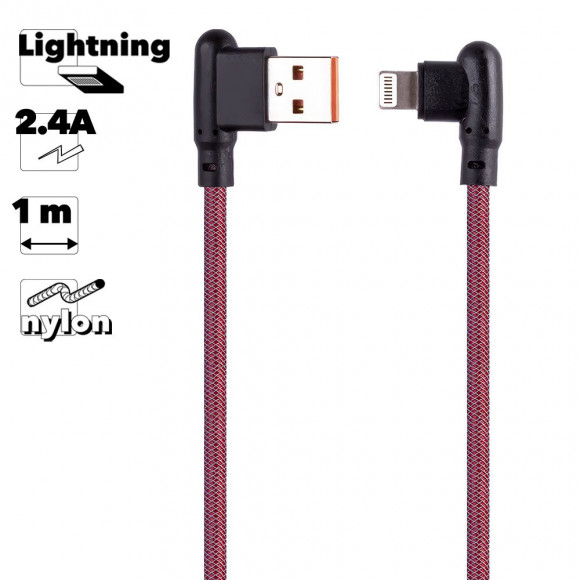 USB кабель "LP" для Apple 8-pin Г-коннектор оплетка леска (красный, блистер)