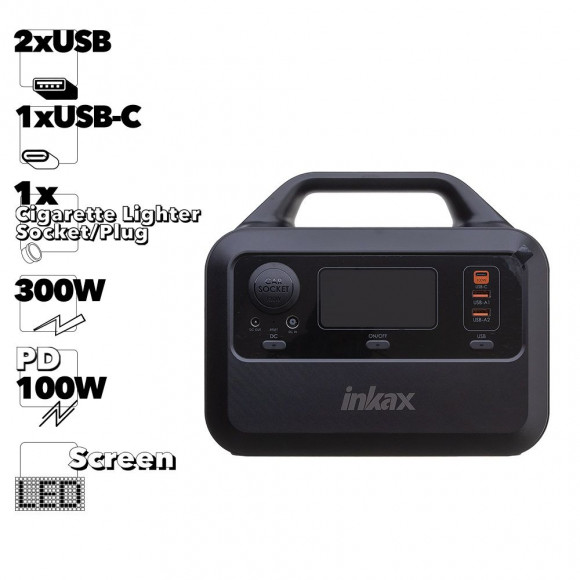 Внешний АКБ inkax 300WH, 2xUSB, 1xUSB-C, PD100W, LED дисплей, ПЗУ для авто, Li-Ion (черный)