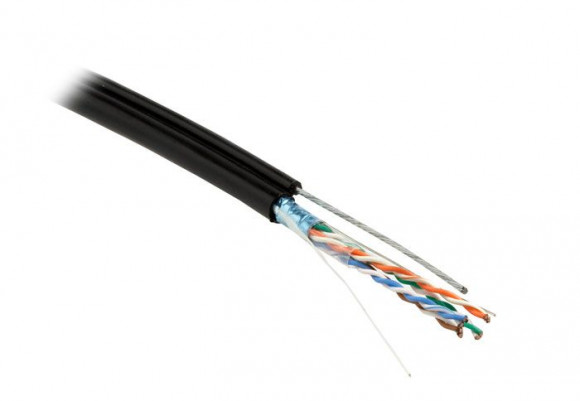 FUTP4-C5E-S24-SW-OUT-PE-BK-500 (500м) Кабель витая пара F/UTP, кат.5e, 4 пары(24 AWG), одножильн.(solid), экран-фольга, с металл.тросом, внешний, PE,
