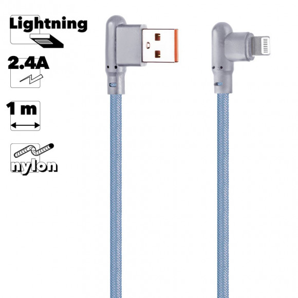 USB кабель "LP" для Apple 8-pin Г-коннектор оплетка леска (синий, блистер)
