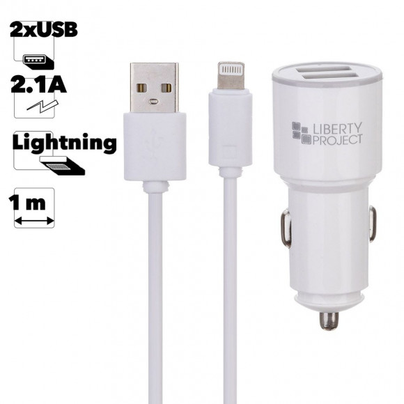 Автомобильное зарядное устройство "LP" с двумя USB выходами 2.1А + USB кабель для Apple 8-pin Barrel Series (белый, коробка)