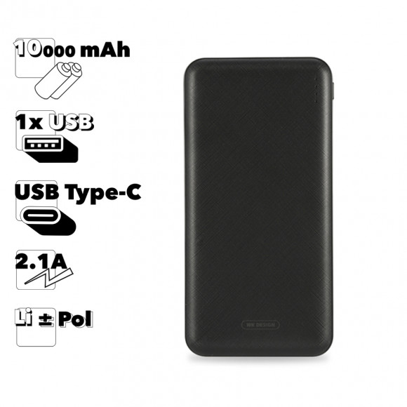 Внешний АКБ WK Herze WP-075 10000 mAh, 1xUSB, 2.1А, 1xType-C, Li-Ion (черный)