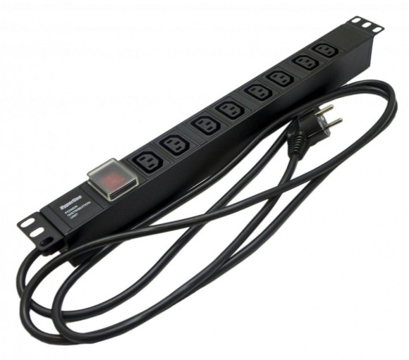 SHE19-8IEC-S-2.5EU Блок розеток для 19'; шкафов, горизонтальный, 8 розеток IEC320 C13, выключатель с подсветкой, кабель питания 2.5м (3х1.5мм2) с вилк