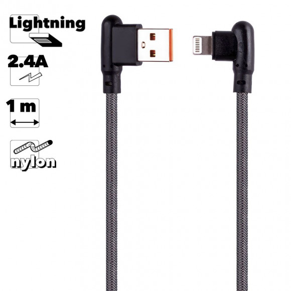USB кабель "LP" для Apple 8-pin Г-коннектор оплетка леска (черный, блистер)