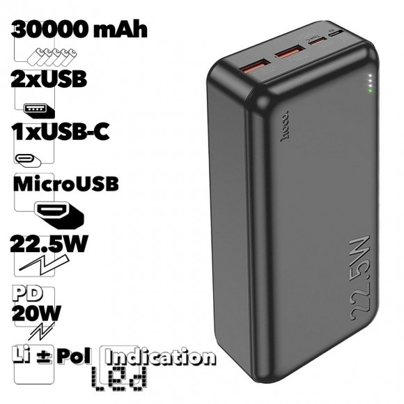 Внешний АКБ HOCO J101B Astute 30000mAh, 2xUSB, 1xUSB-C, 22,5W, QC3.0, PD20W, Li-Pol (черный)