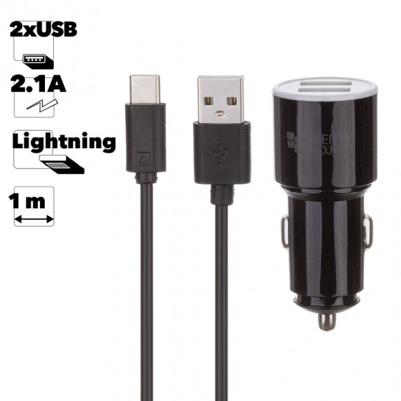 Автомобильное зарядное устройство "LP" с двумя USB выходами 2.1А + USB кабель USB Type-C Barrel Series (черный, европакет)