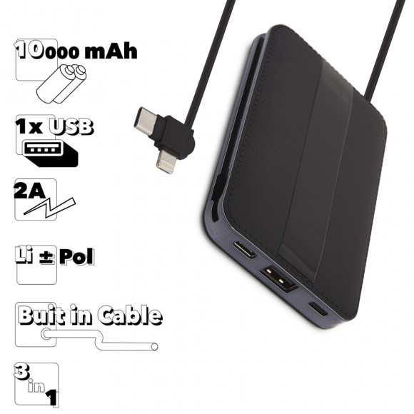 Внешний АКБ WK Sin Jur WP-083h 10000mAh, 1xUSB, 2А+интегр каб Lightning 8-pin\Type-C, Li-Pol