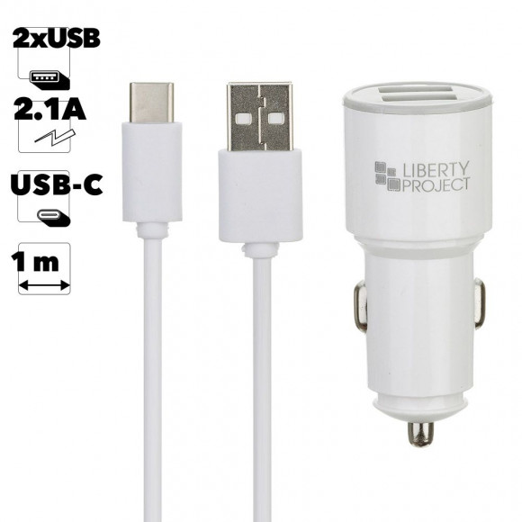 Автомобильное зарядное устройство "LP" с двумя USB выходами 2.1А + USB кабель USB Type-C Barrel Series (белый, европакет)