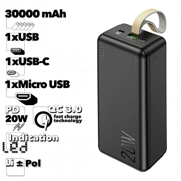 Внешний АКБ HOCO J87B Tacker 30000mAh, 1xUSB, 1xUSB-C, 1xMicroUSB, 3А, PD20W, QC3.0, LED, Li-Pol (черный)