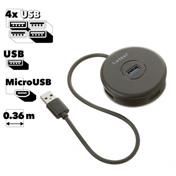 Хаб USB Earldom ET-HUB13 4xUSB 2.0 + доп. питание MicroUSB (черный)