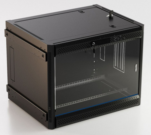 TWB-FC-1566-GP-RAL9004 Шкаф настенный 19-дюймовый (19"), 15U, 787x600х600мм, стеклянная дверь с перфорацией по бокам, ручка с замком, с возможностью у