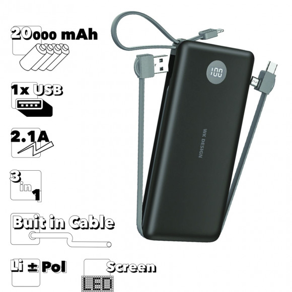Внешний АКБ Power Bank WK With Biult-In Cable Powerbank WP-153 10000 mAh 2, 1А (черный)