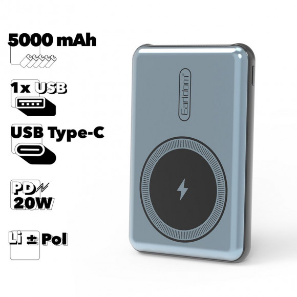 Внешний АКБ Earldom ET-PD12 5000 mAh, 1xUSB, PD 20W, Mag Safe, Li-Pol (синий)