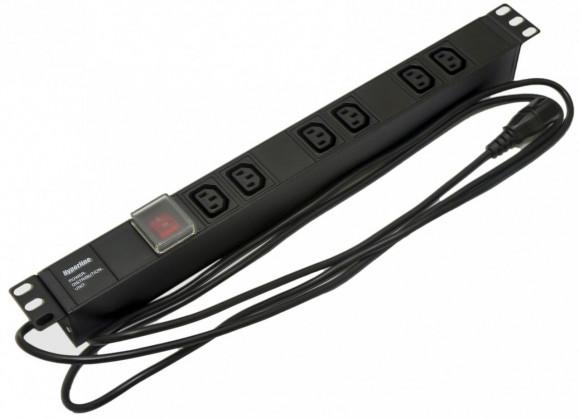 SHE19-6IEC-S-2.5IEC Блок розеток для 19'; шкафов, горизонтальный, 6 розеток IEC320 C13, выключатель с подсветкой, кабель питания 2.5м (3х1.0мм2) с вил