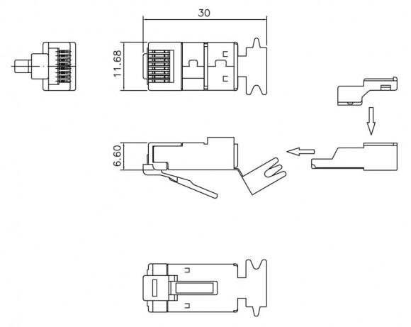 PLUG-8P8C-UV-C6A-SH-50 Разъем RJ-45(8P8C) под витую пару, 10Gb категория 6A (50 µ';/ 50 микродюймов), экранированный, универсальный