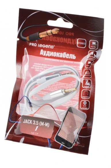 Аудио кабель (AUX) Pro Legend PL1051, 1 метр, плоский, белый