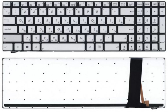 Клавиатура для ноутбука Asus N56DP, N56DY, N56VB, N76vz, N56VJ, N56VM, Q550, N750 серебряная, без рамки, с подсветкой