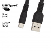 USB кабель WK Flushing WDC-066 USB Type-C, 1 метр плоский пластиковые разьемы, черный