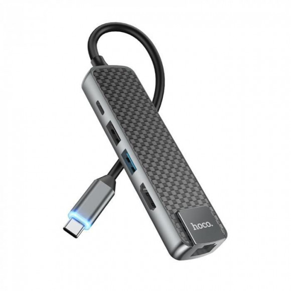 Переходник Hoco HB23 Easy view Type-C адаптер (HDMI+USB3.0+USB2.0+RJ45+PD), серый