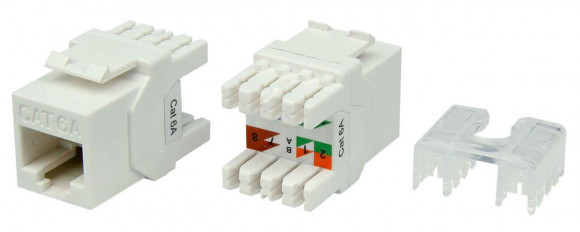 KJ8-8P8C-C6A-180-WH Вставка Keystone Jack RJ-45(8P8C), категория 6a (10G), тип 180 градусов, белая Hyperline