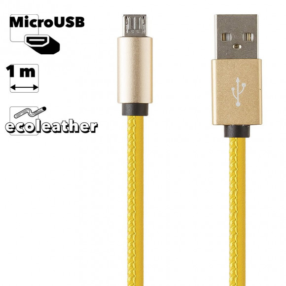 USB Дата-кабель MicroUSB в кожаной оплетке (желтый, коробка)