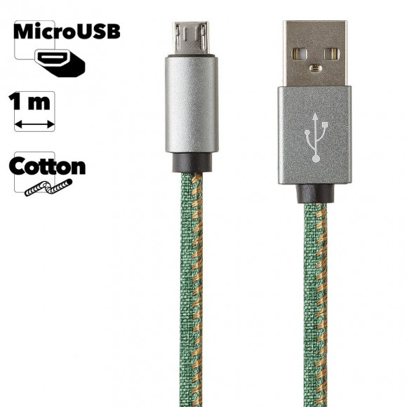 USB Дата-кабель MicroUSB в джинсовой оплетке (зеленый, коробка)