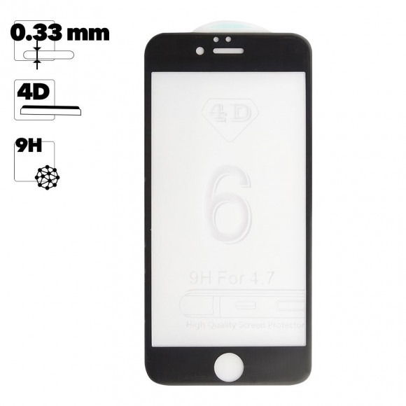 Защитное стекло "LP" для Apple iPhone 6, 6S 4D, гибридное стекло, акриловая рамка, черное